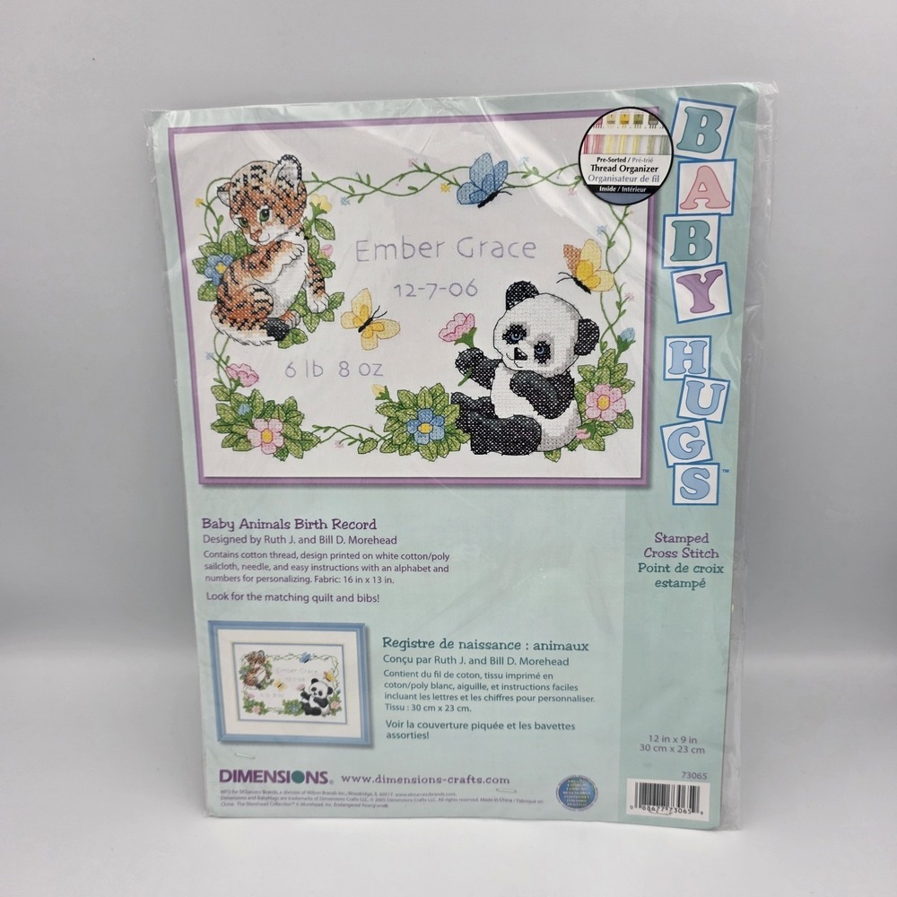 Dimensions Stamped Cross Stitch Kit 73065 Baby Animals Birth Record Personalized